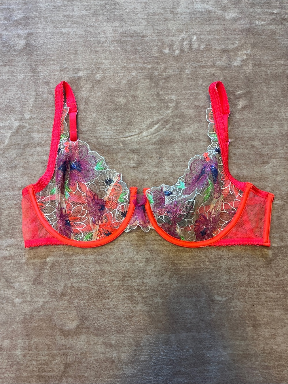 For Love & Lemons Sheer Floral Embroidered Underwire Bra - Neon Coral